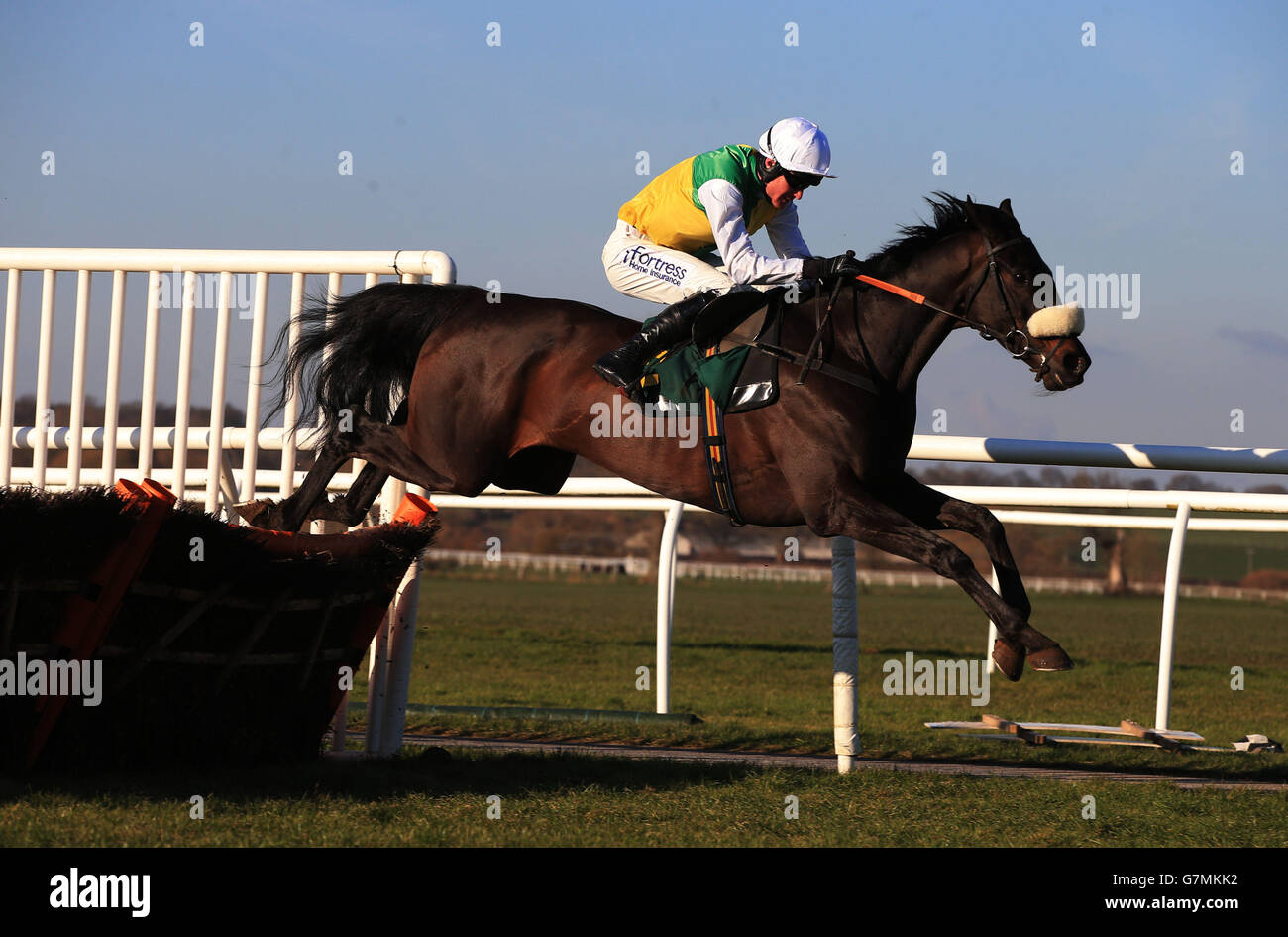 Great Try ridden by jockey Nick Scholfield clears the last to win the The British Stallion Stud EBF 'National Hunt' Novices Hurdel race at Bangor-On-Dee Racecourse, Wrexham. Stock Photo