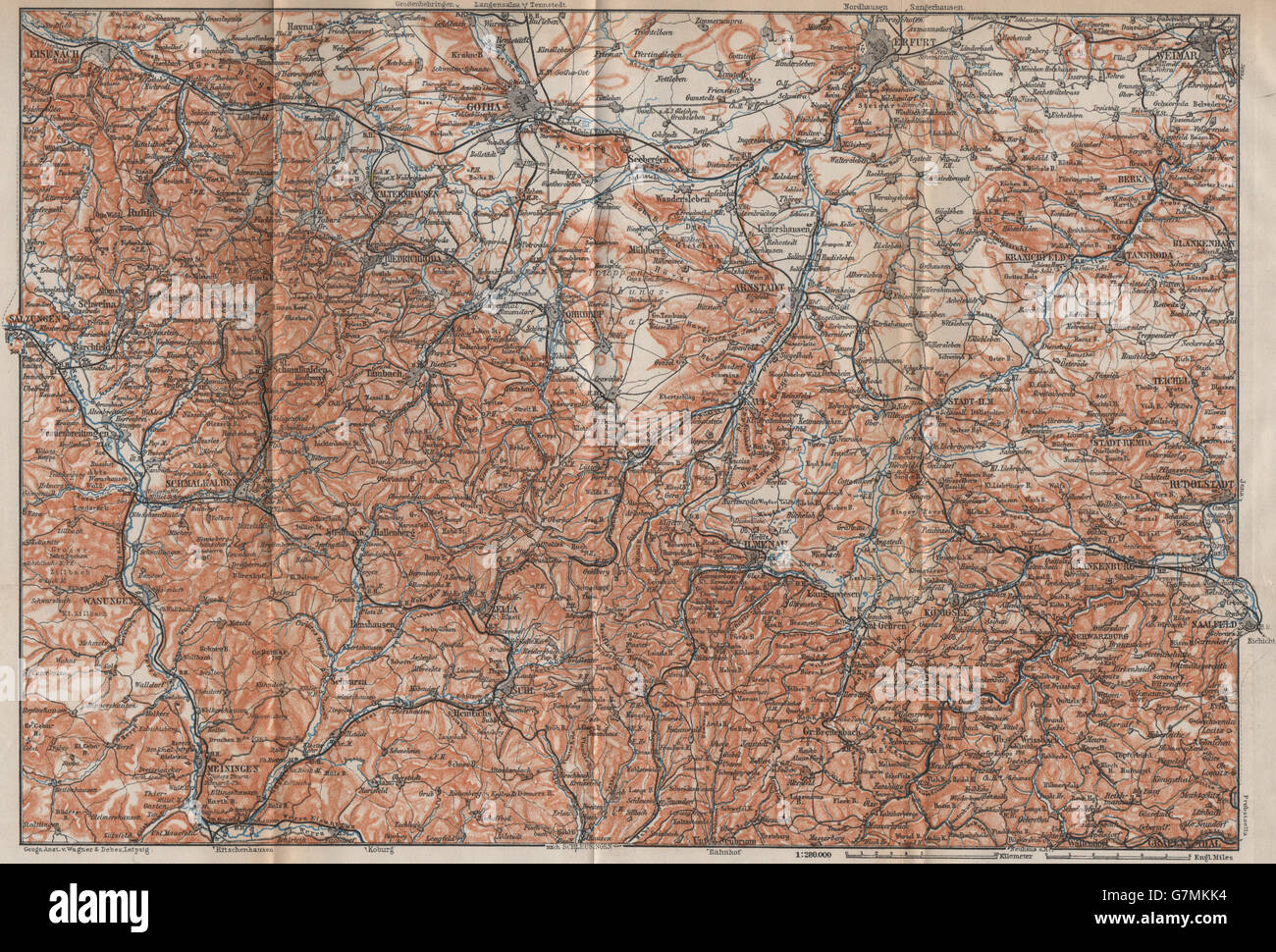 THÜRINGER WALD. Thuringian Forest. Gotha Eisenach Erfurt Weimar karte, 1913 map Stock Photo