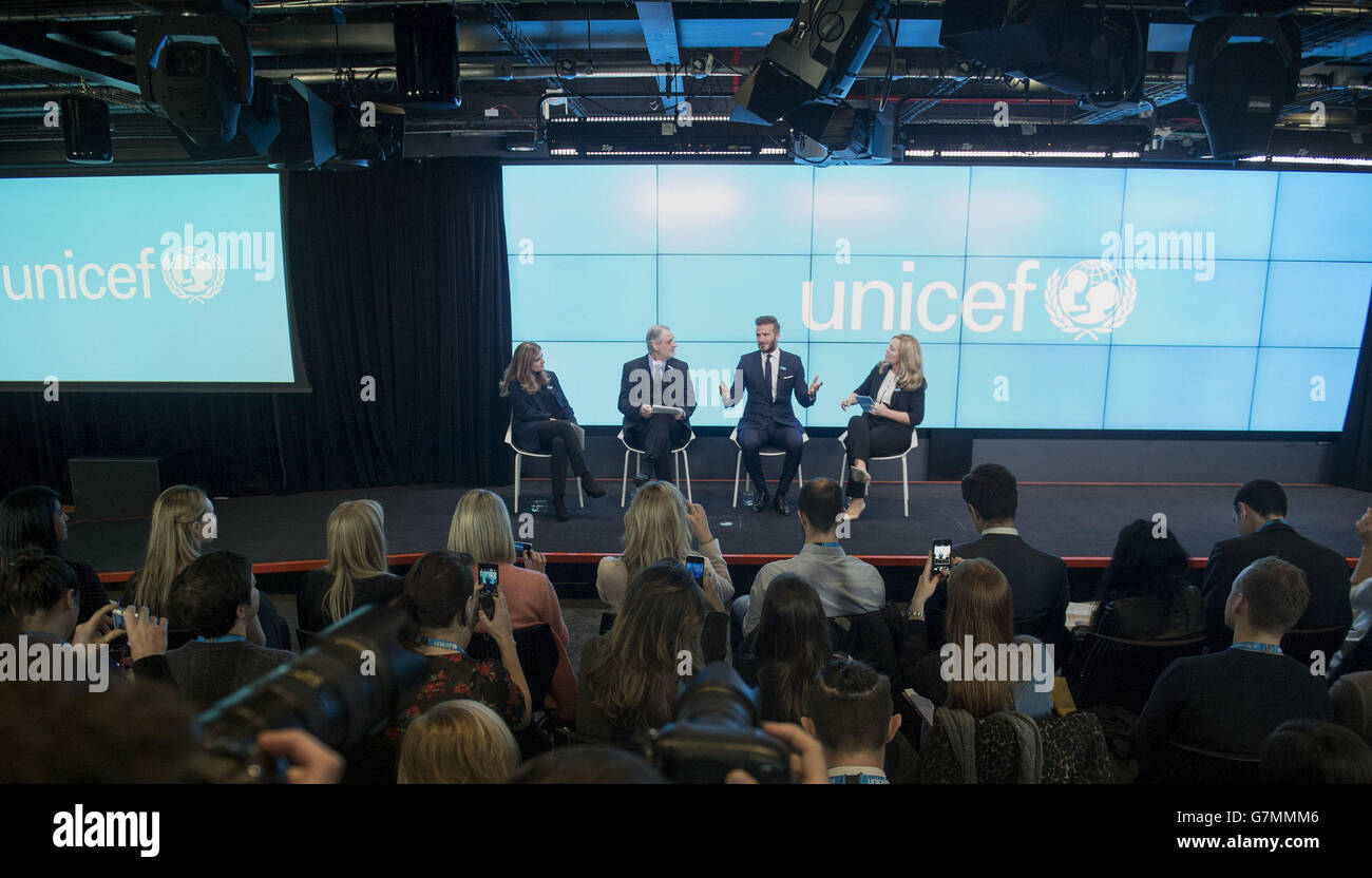 David Beckham (second right) arrives to announce the launch of humanitarian charity Unicef's 7 fund - named after the former England footballer's shirt number - which aims to protect millions of children around the world from danger as he celebrates 10 years as a Unicef Goodwill Ambassador at Google UK in London. Stock Photo