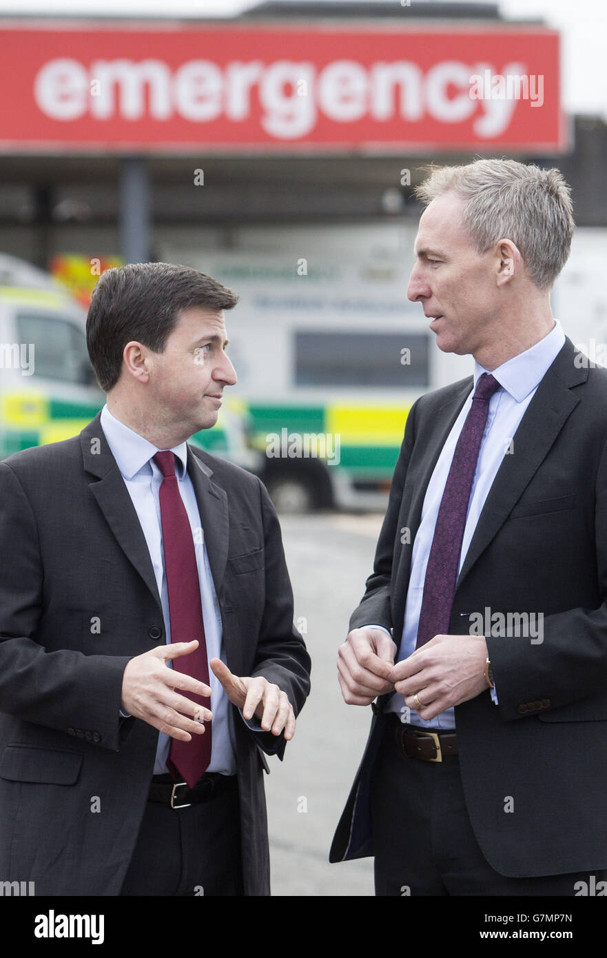 Scottish Labour leader Jim Murphy and MP Douglas Alexander during a visit to the Royal Alexandra Hospital in Paisley, Scotland, as Labour launches a fresh attack on the Scottish Government over its management of the NHS. Stock Photo