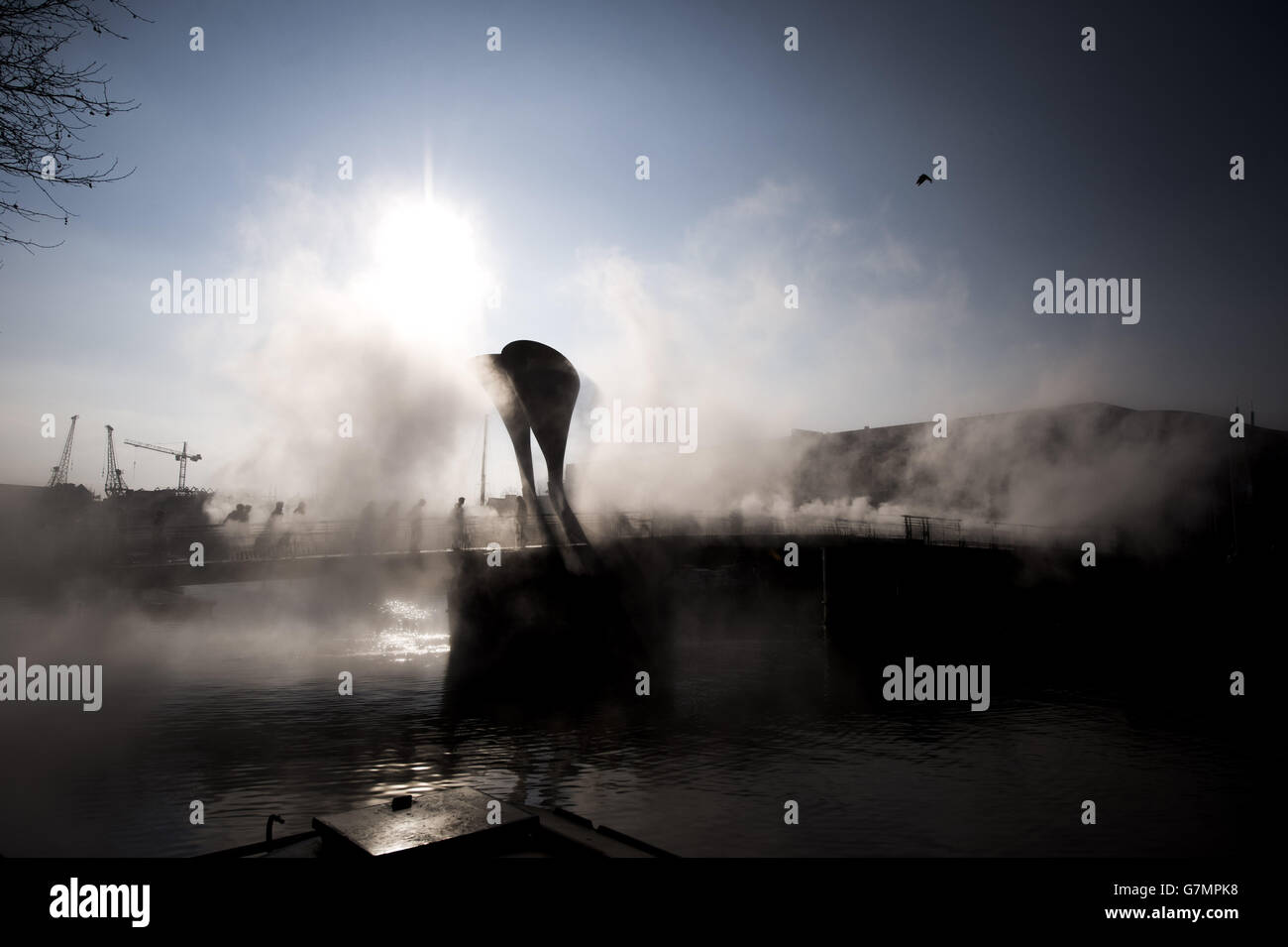 Japanese artist Fujiko Nakaya creates a fog bridge across Bristol harbourside to celebrate the city's status as European Green Capital. Stock Photo