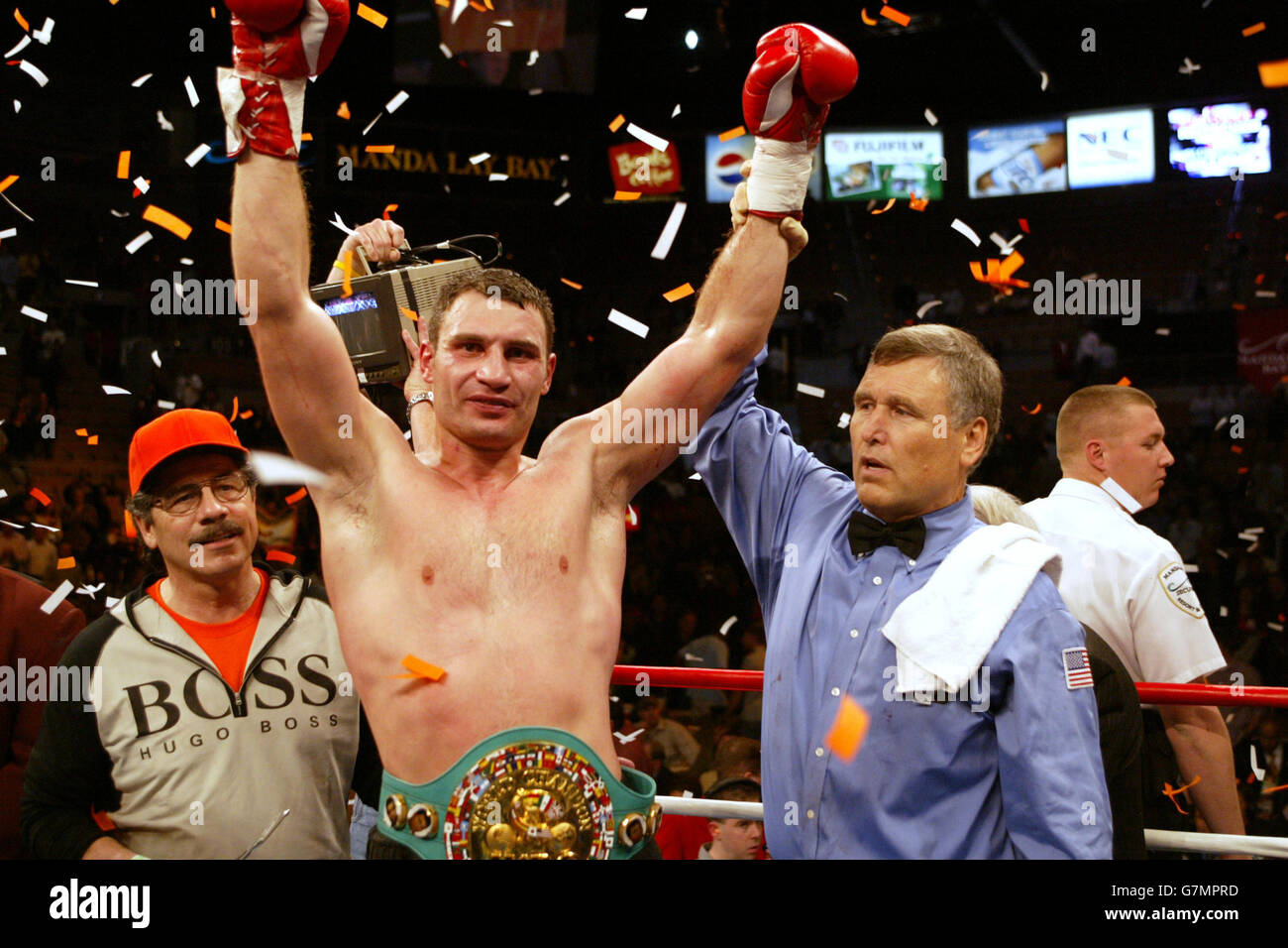 Vitali Klitschko is announced as the winner by fight referee Jay Nady
