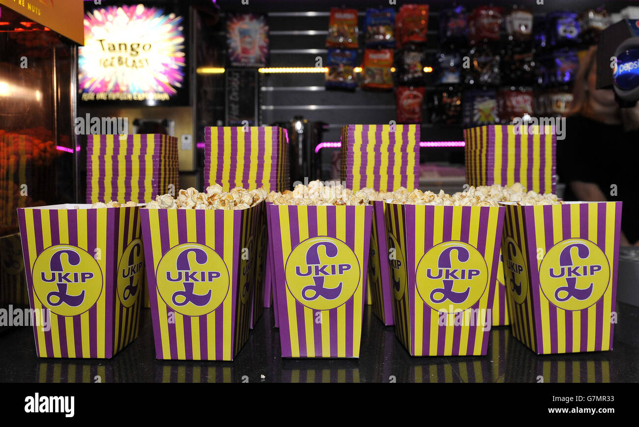 Boxes of Ukip popcorn at the Movie Starr Cinema, on Canvey Island