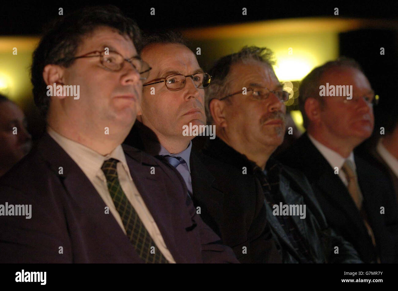 Joe Reilly, Sinn Fein candidate for Meath by-election (left to right), Gerry Kelly, MLA Sinn Fein, Robert Ballagh, artist, and Martin McGuiness, deputy leader of Sinn Fein. Stock Photo