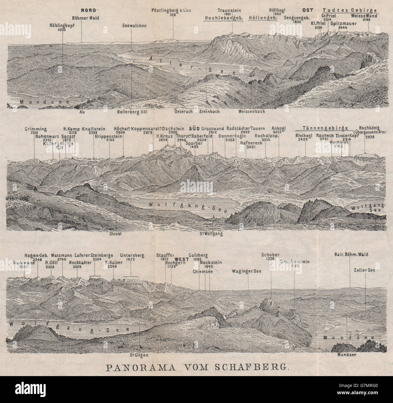 PANORAMA VOM SCHAFBERG, Salzkammergut. Austria Österreich karte, 1899 old  map Stock Photo - Alamy