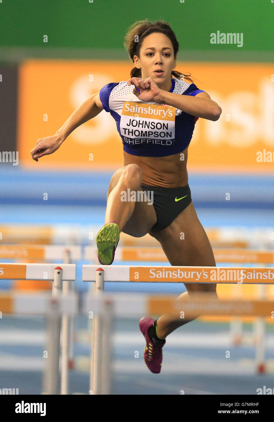 Katarina Johnson- Thompson during the women's 60m hurdles heats during day two of the Sainsbury's British Indoor Championships at the English Institute of Sport, Sheffield. Stock Photo