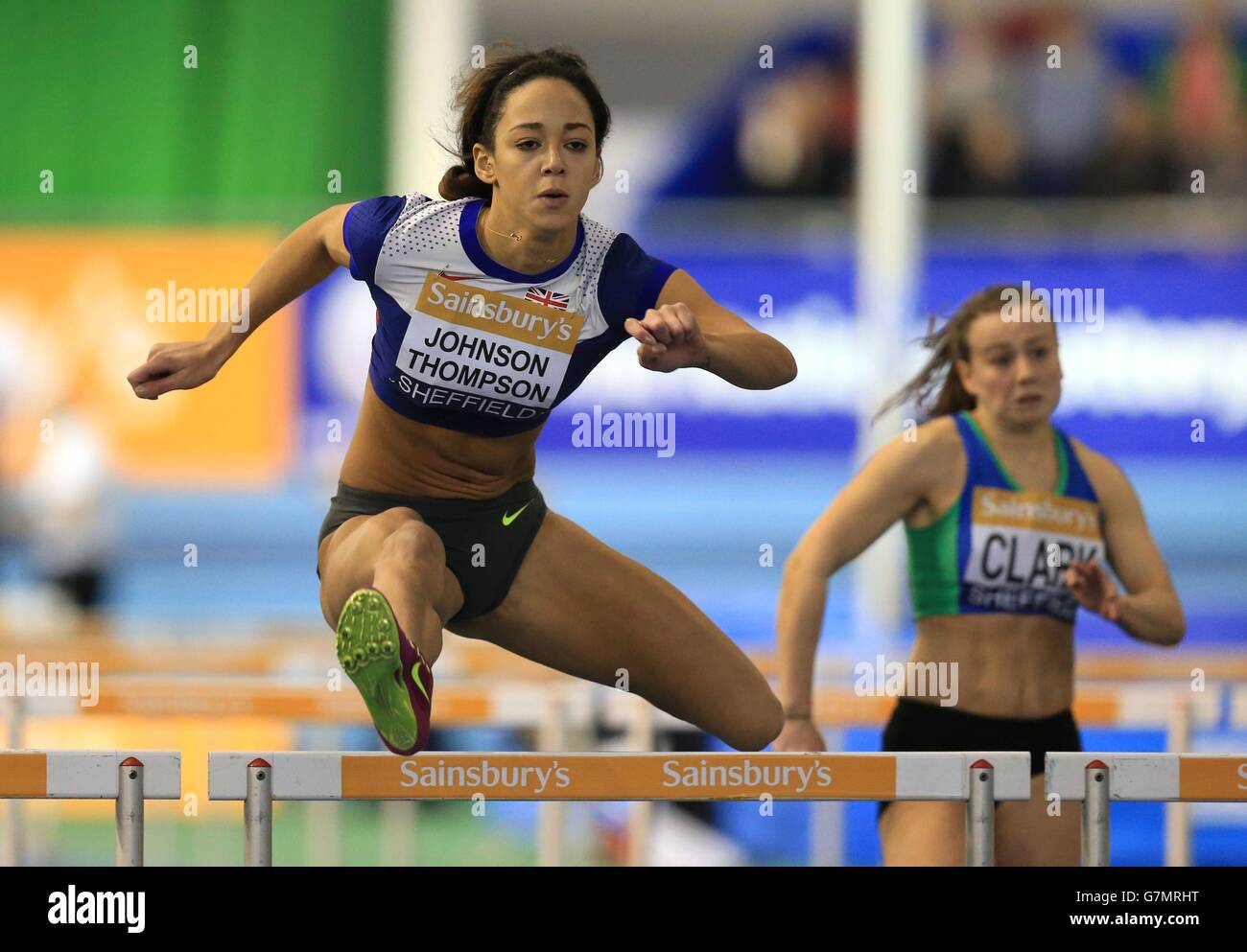 Katarina Johnson- Thompson during the women's 60m hurdles heats during day two of the Sainsbury's British Indoor Championships at the English Institute of Sport, Sheffield. Stock Photo
