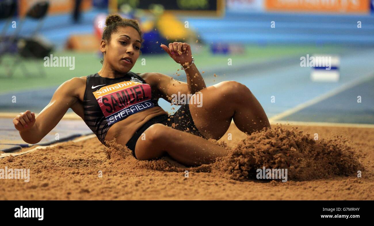 Laura Samuel on her way to winning the women's triple jump final during day two of the Sainsbury's British Indoor Championships at the English Institute of Sport, Sheffield. Stock Photo