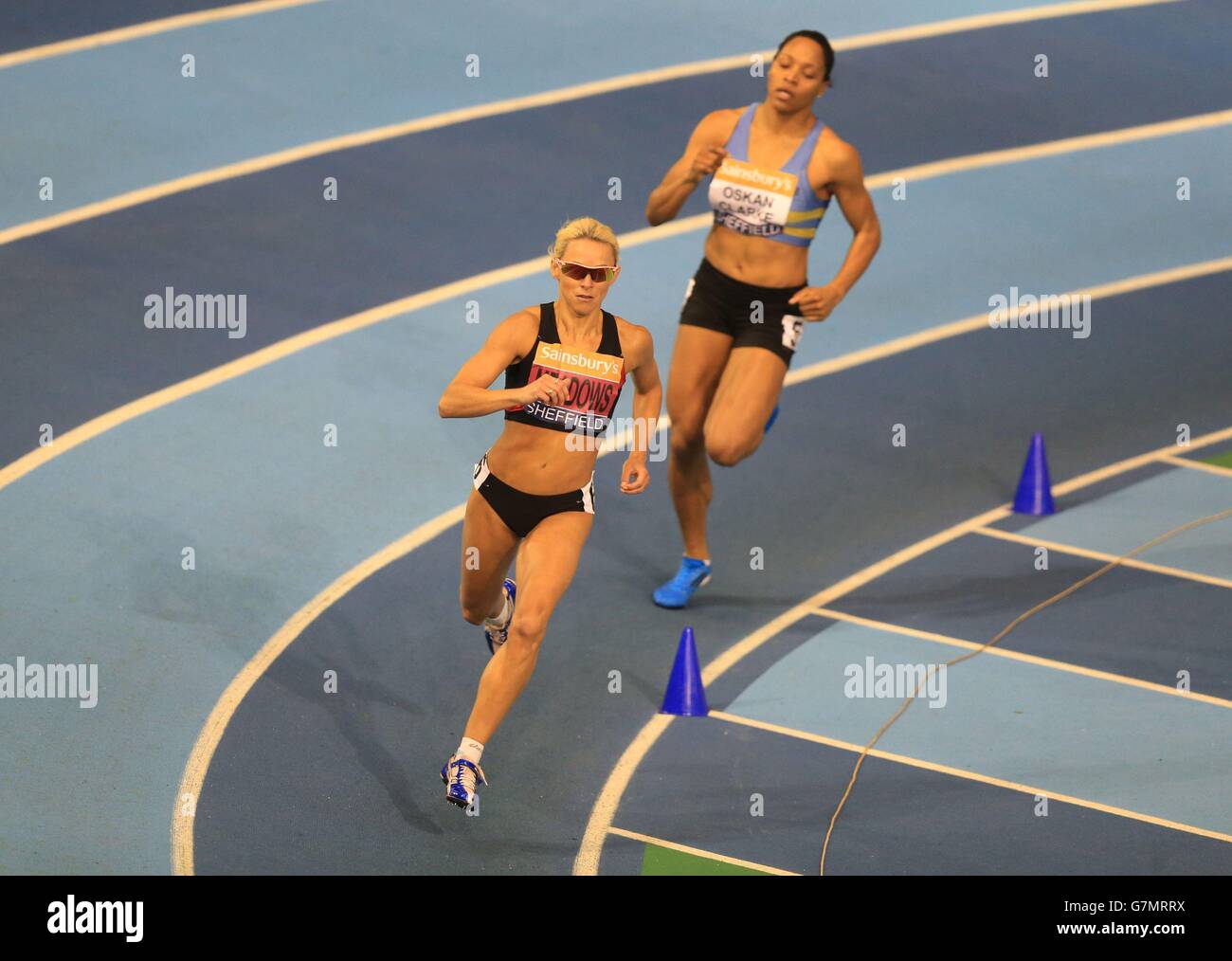 Jenny Meadows on her way to winning the womens 800m final during day two of the Sainsbury's British Indoor Championships at the English Institute of Sport, Sheffield. Stock Photo