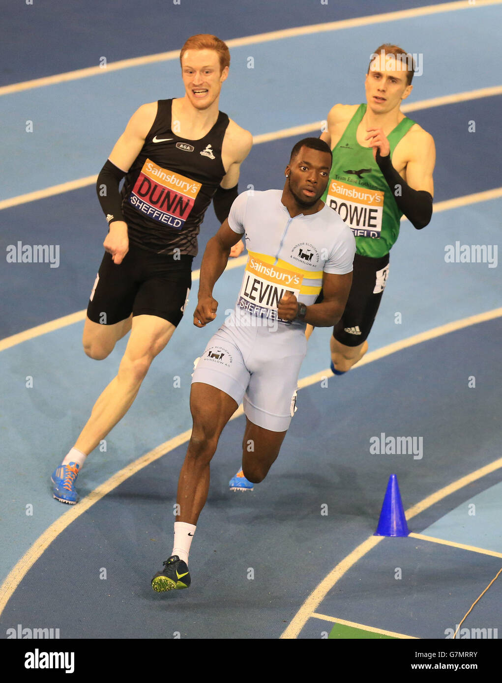 Nigel Levine on his way to winning the mens 200m final during day two of the Sainsbury's British Indoor Championships at the English Institute of Sport, Sheffield. Stock Photo