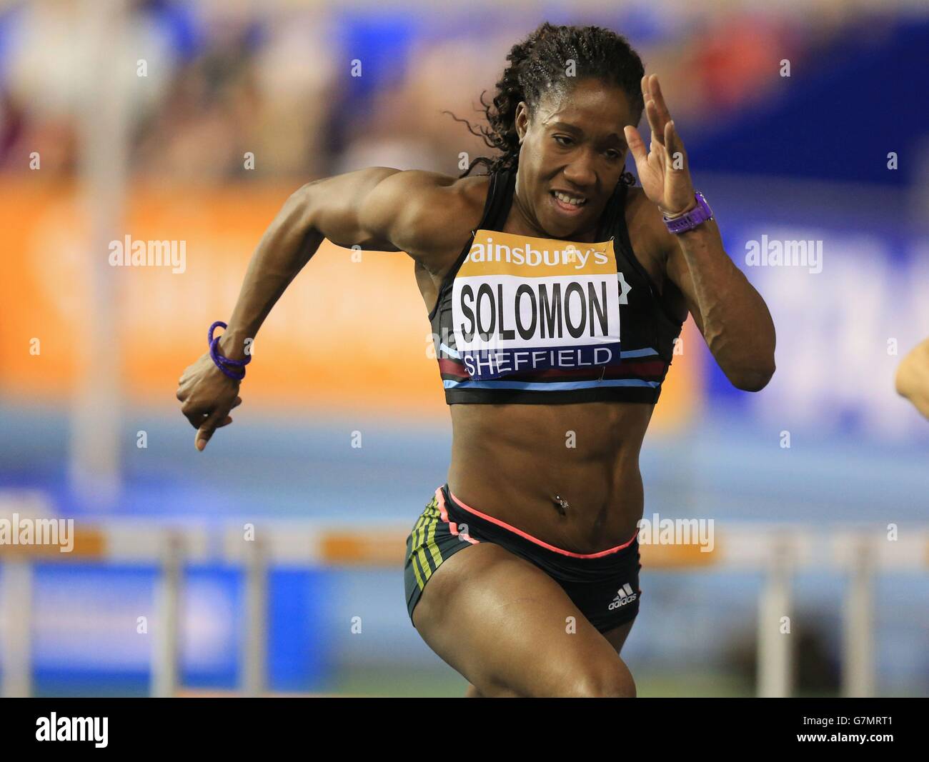 Serita Solomon wins the final of the women's 60 metre hurdles during day two of the Sainsbury's British Indoor Championships at the English Institute of Sport, Sheffield. Stock Photo