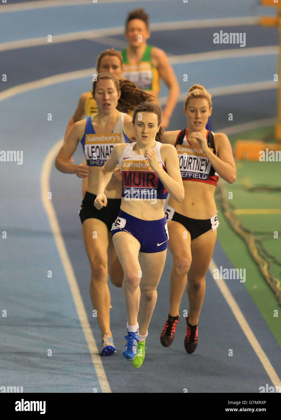 Laura Muir on her way to winning the women's 1500m final during day two of the Sainsbury's British Indoor Championships at the English Institute of Sport, Sheffield. Stock Photo