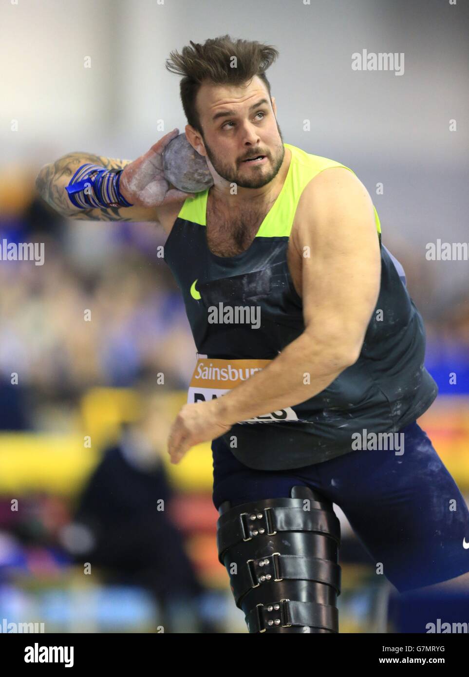 Aled Davies in the mens shot put final during day two of the Sainsbury's British Indoor Championships at the English Institute of Sport, Sheffield. Stock Photo