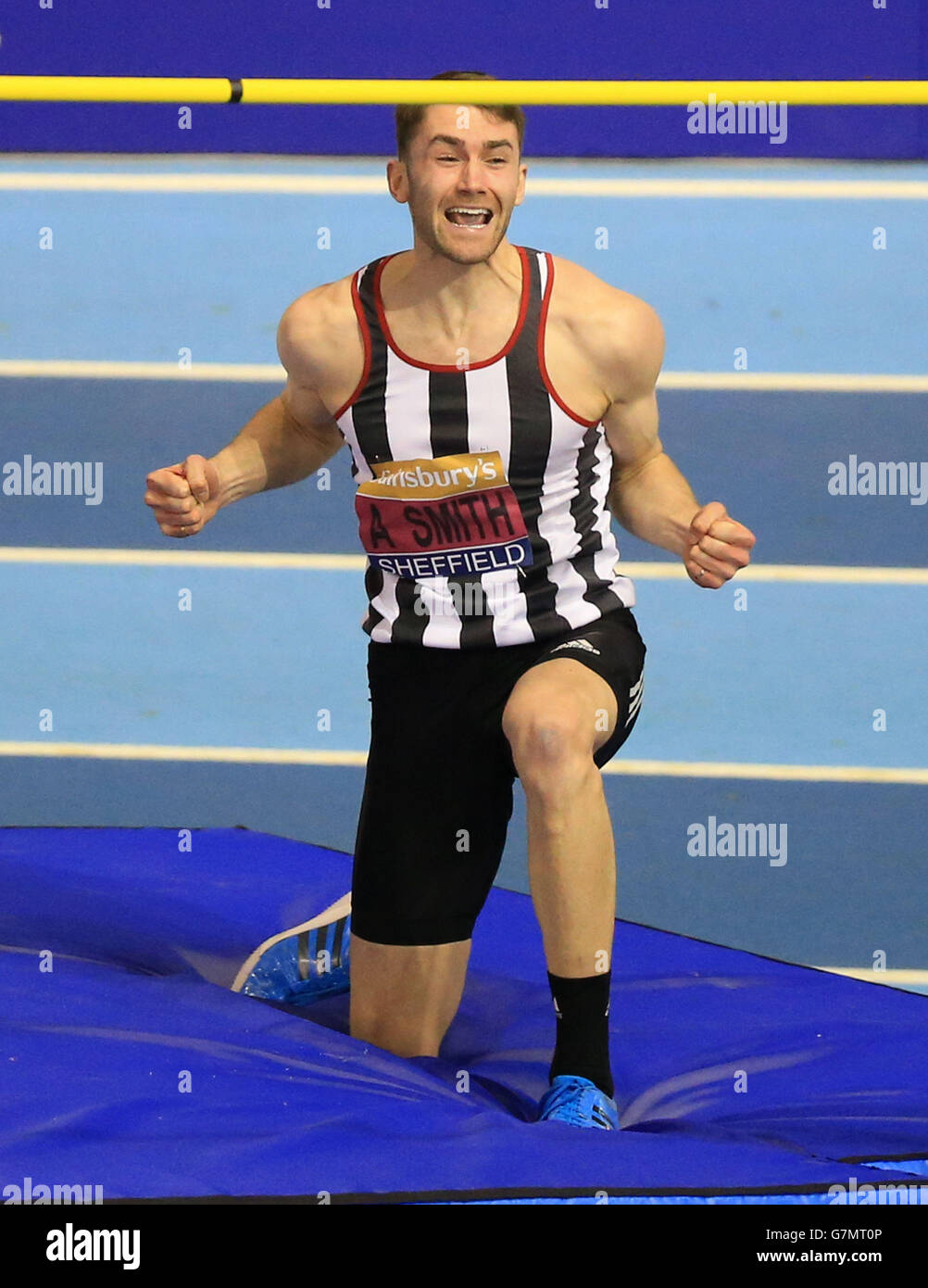 Allan Smith celebrates winning the mens high jump final during day two of the Sainsbury's British Indoor Championships at the English Institute of Sport, Sheffield. Stock Photo