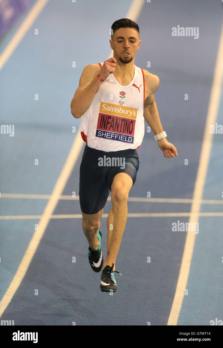 Antonio Infantino during the mens 200m semi final during day two of the Sainsbury's British Indoor Championships at the English Institute of Sport, Sheffield. Stock Photo