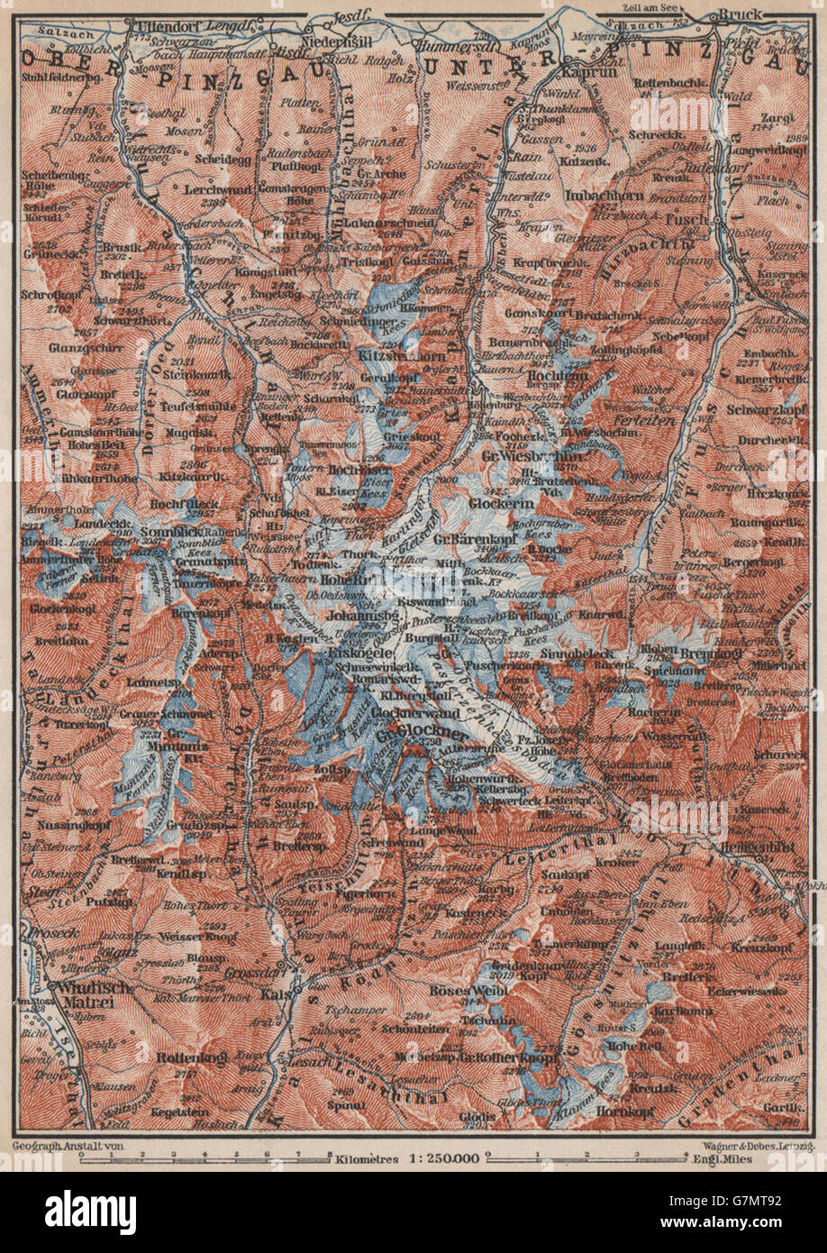 GLOCKNERGRUPPE. HOHE TAUERN. UNTERPINZGAU. Kaprun Matrei Grossdorf, 1899 map Stock Photo