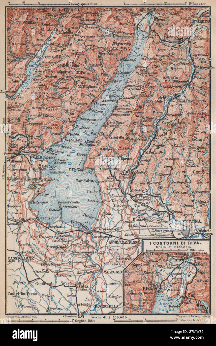 LAGO DI/LAKE GARDA. Riva Salo Peschiera Verona. topo-map. Italy mappa, 1899 Stock Photo