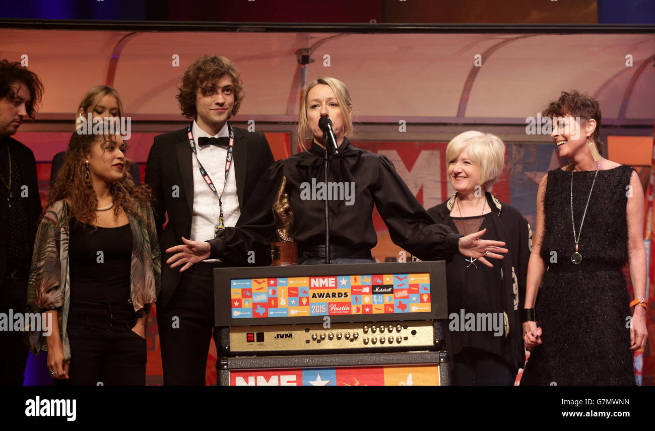 Elaine Constantine collects the Best Film award on stage for Northern Soul during the NME Awards 2015 with Austin, Texas at the O2 Brixton Academy, London. PRESS ASSOCIATION Photo. Picture date: Wednesday February 18, 2015. See PA story SHOWBIZ NME. Photo credit should read: Yui Mok/PA Wire Stock Photo