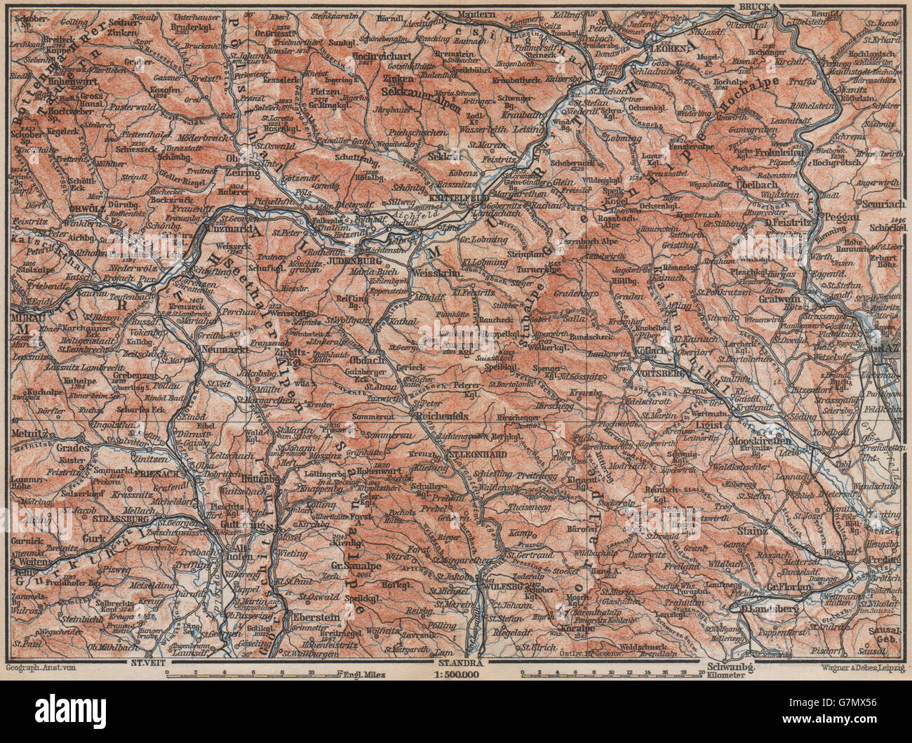 STYRIAN & CARINTHIAN ALPS. Murau Graz Murtal Leoben Wolfsburg. Austria, 1899 map Stock Photo