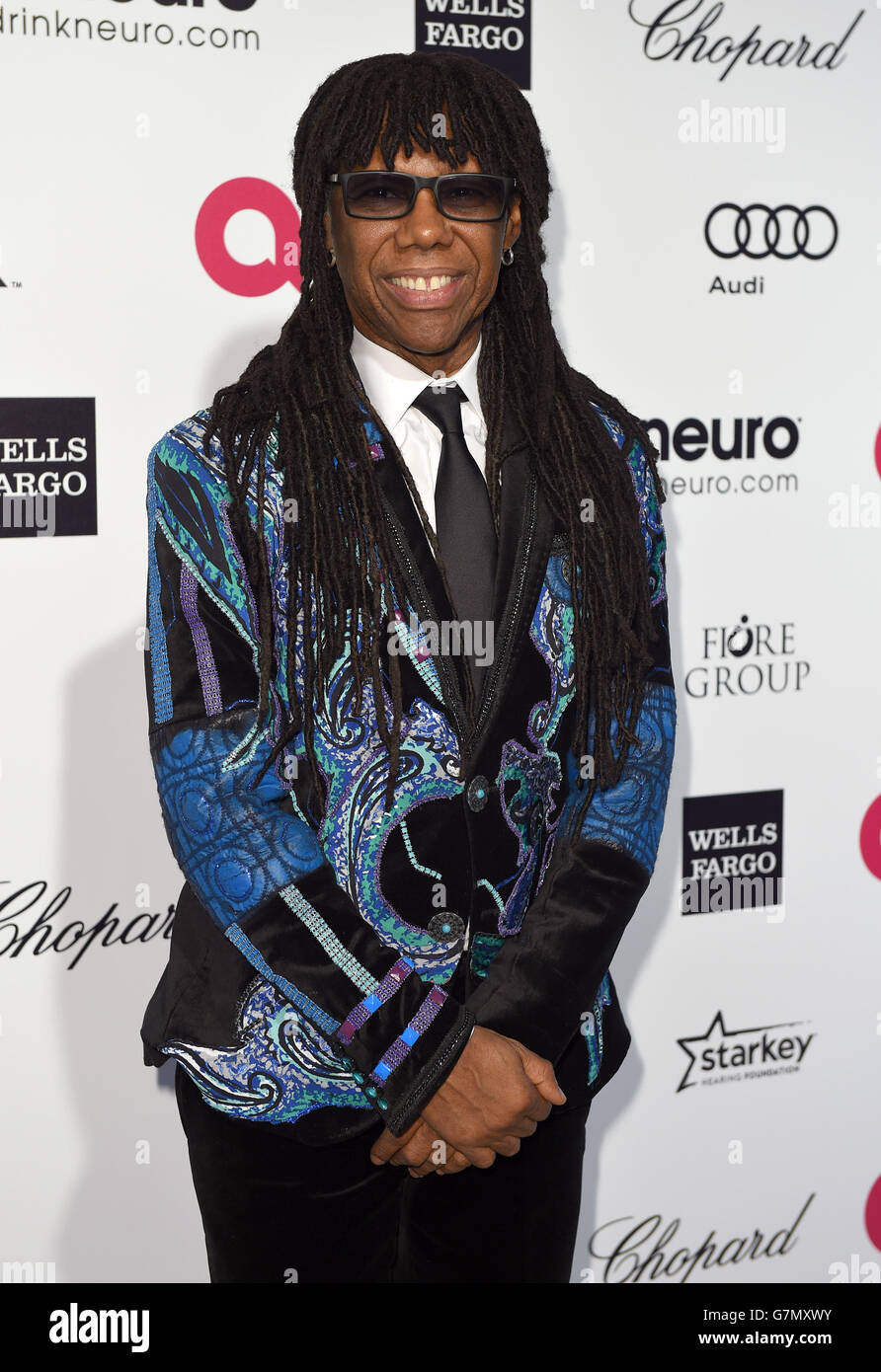 Nile Rodgers arrives for the Elton John AIDS Foundation's 23rd annual Academy Awards Viewing Party at West Hollywood Park in Los Angeles. Stock Photo