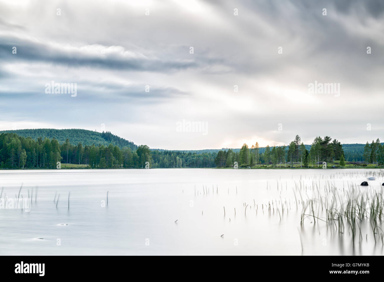 Lake with Forest and a cloudy sky Stock Photo - Alamy