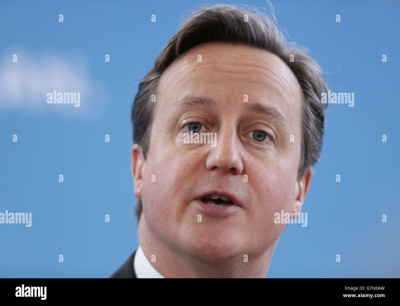 Prime Minister David Cameron speaking during a visit to Kingsmead School in Enfield, London. Stock Photo