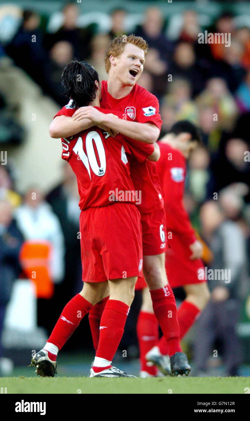 Liverpool's Luis Garcia (left) is congratulated by team-mate John Arne Riise after scoring the opening goal against Norwich City Stock Photo