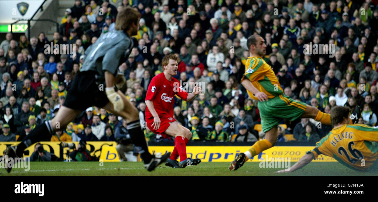 Norwich City's goalkeeper Robert Green is helpless as Liverpool's John Arne Riise slots the ball into the net for his sides second goal Stock Photo