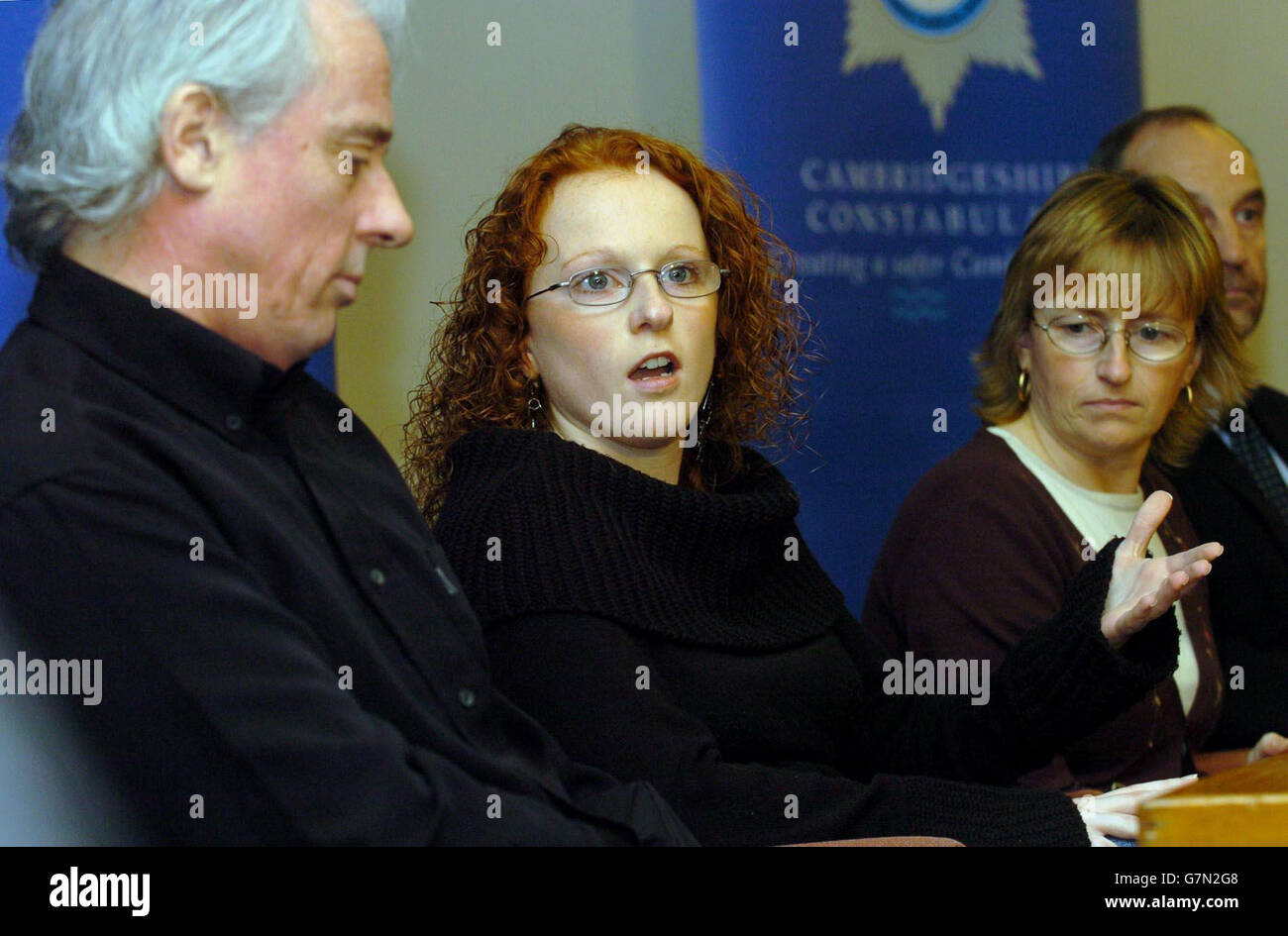 Julie Geeson, 22, twin sister of missing student Sally Geeson, speaks at a press conference alongside her parents Laurence and Sue Geeson. Missing student Sally Geeson, 22, was last seen at the Avery Pub on Regent Street in Cambridge after a night out with friends on New Years Eve. Stock Photo