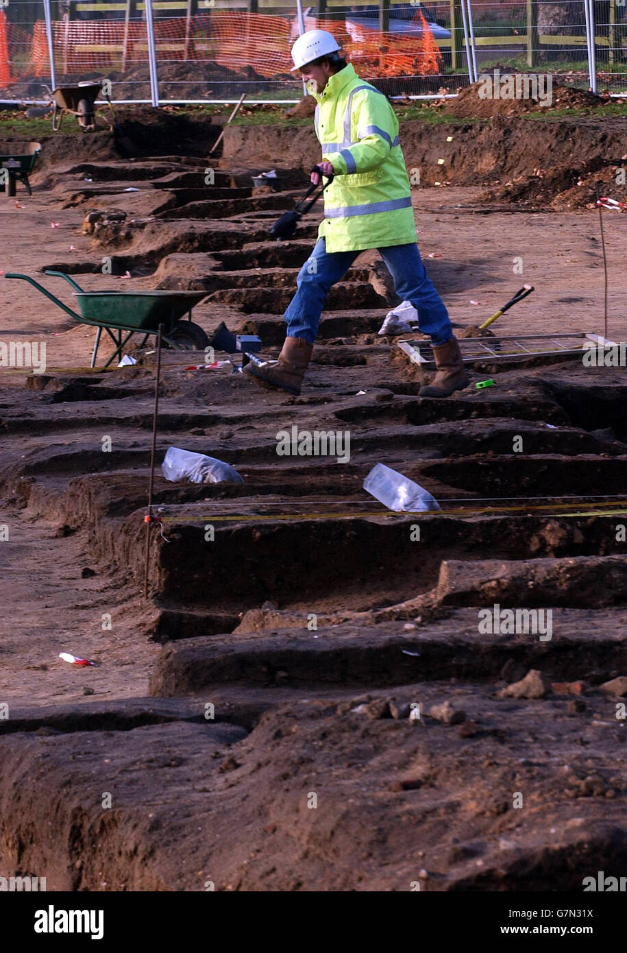 Archaeologist Robert Masefield who works on a building site where excavation works for a new housing development have unearthed elements of a walled structure over 350m long and 70m wide thought to represent a Roman Chariot racing arena or Roman Circus and is the only verified example of a circus in Britain. Stock Photo