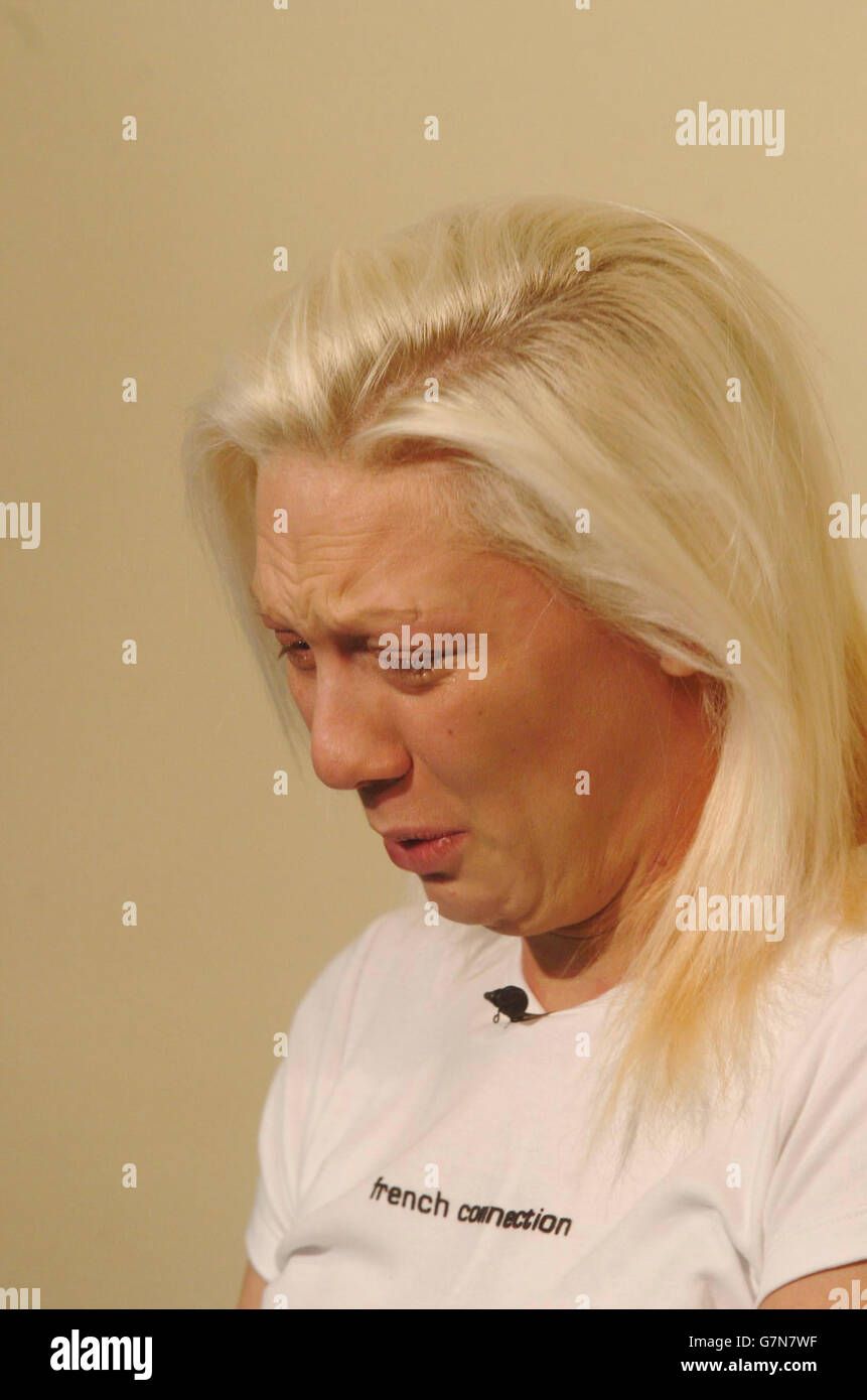 A visibly distraught Mrs Kelly Winstone, 26, gives an interview to the media about her murdered husband, taxi driver Colin Winstone at the Broadbury Road Police station in Knowle, Bristol. Mrs Winstone today described his murder as brutal and unjust. Father-of-two Colin Winstone, 44, from the Cadbury Heath area of Bristol died in hospital after being stabbed in broad daylight in the Easton area of Bristol on Tuesday January 11. Stock Photo