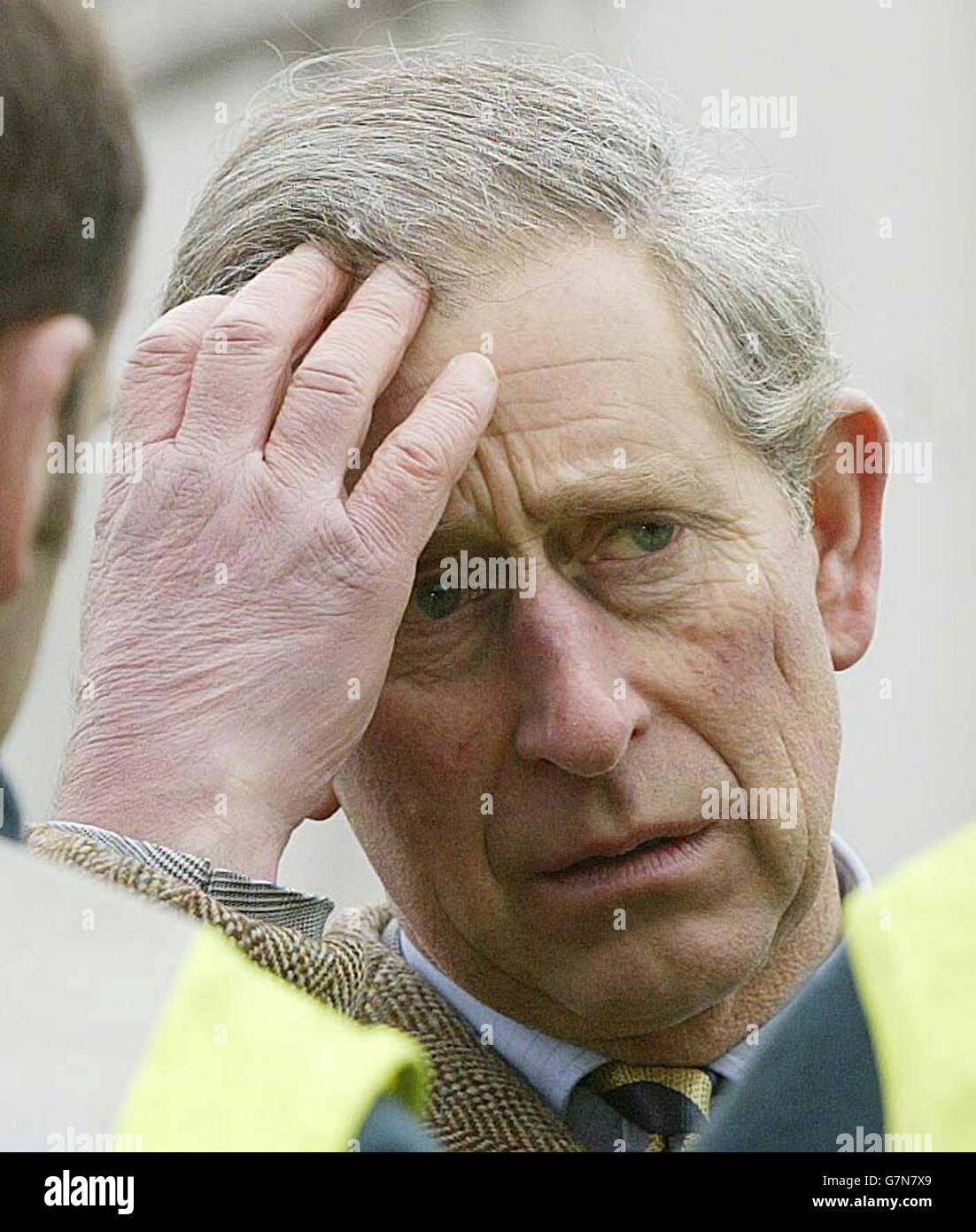 Prince Charles looks at recent severe flood damage at the Stagecoach bus station in Carlisle. Stock Photo