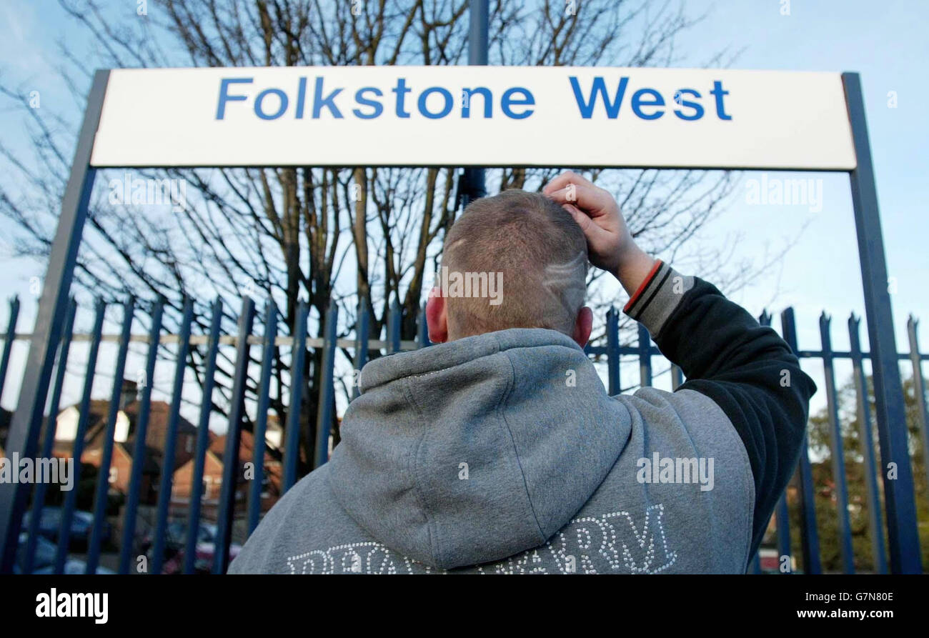 Incorrect spelling of Folkestone - Folkestone West rail station. Rail bosses were forced to make a grovelling apology today after misspelling a town's name on station signs. Stock Photo