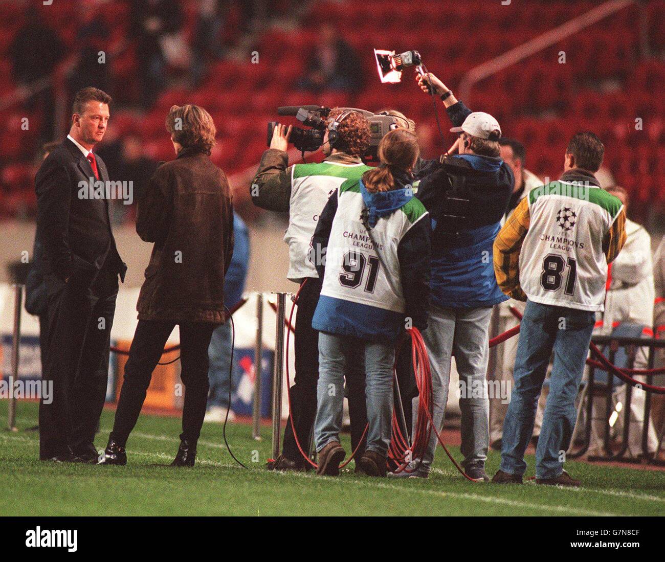 Soccer - UEFA Champions League - Ajax v Atletico Madrid. Louis Van Gaal, Ajax manager, gets interviewed for television - signage, media Stock Photo