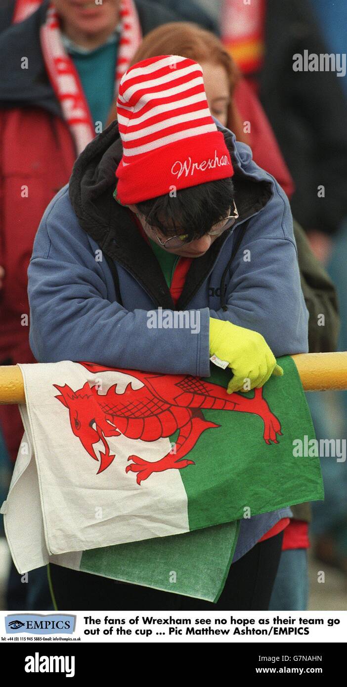 A dejected Wrexham fan after her team are knocked out of the FA Cup Stock Photo