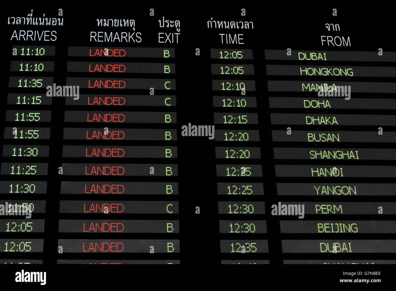Flight arrivals board located in the airport arrivals terminal in Suvarnabhumi International Airport,  Bangkok, Thailand. Stock Photo