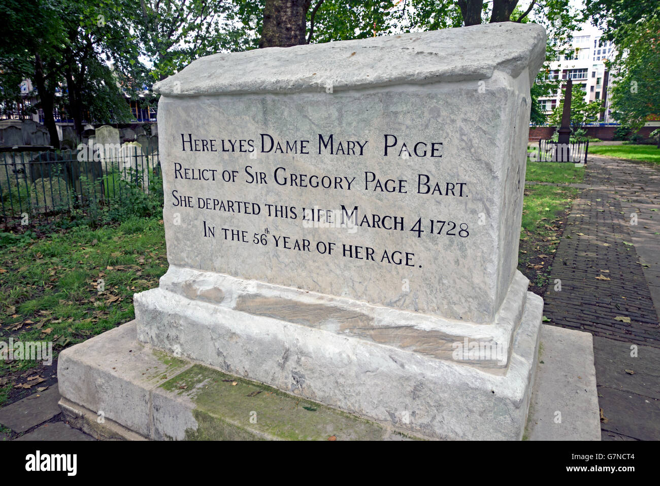 The restored grave of Dame Mary Page in Bunhill Fields Burial Ground, City Road, London, England, UK. Stock Photo