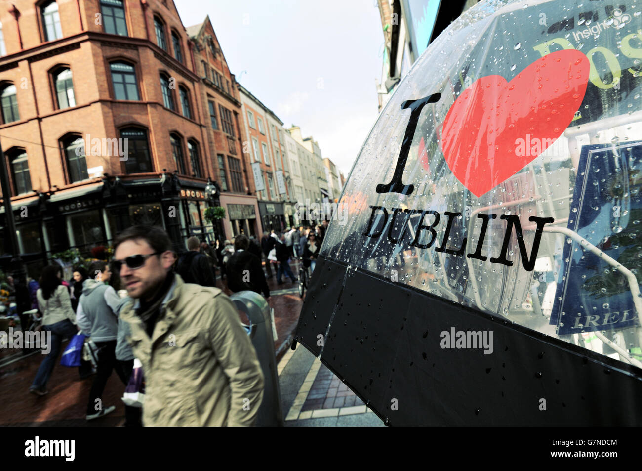Umbrella I love Dublin in the pedestrian Grafton Street in the city centre of Dublin, Ireland Stock Photo