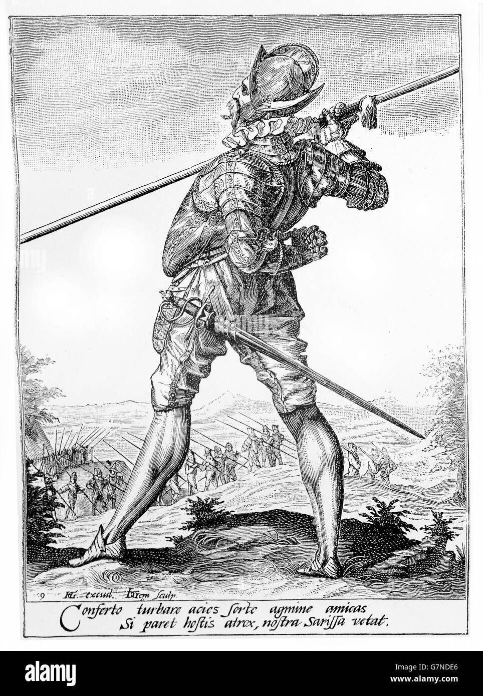 1600, illustration depicting a guard with helm, armor,spear and sword of Rudolf II of Habsburg, Holy Roman Emperor, King of Bohemia and Archduke of Austria Stock Photo