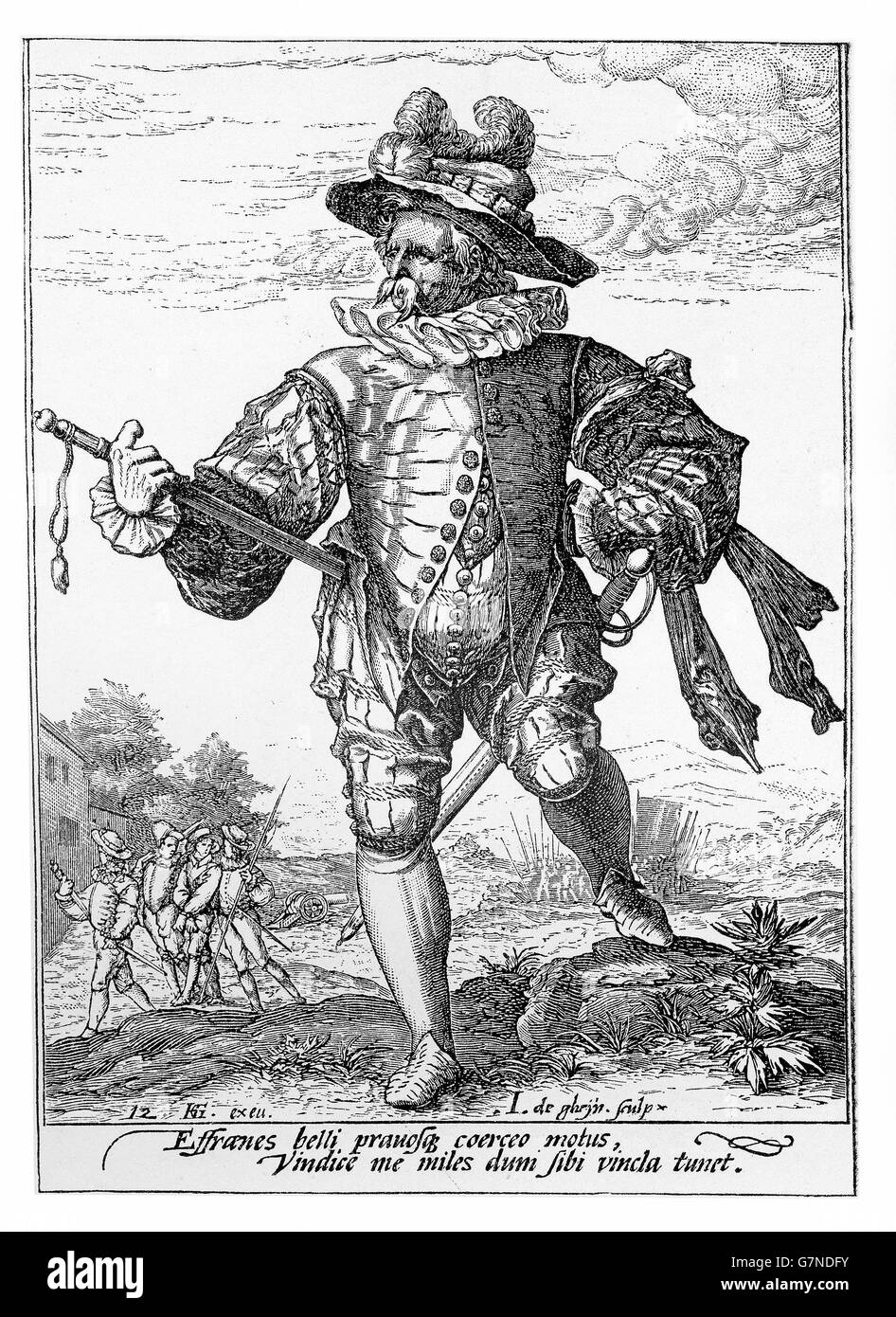 1600, illustration depicting a guard with sword of Rudolf II of Habsburg, Holy Roman Emperor, King of Bohemia and Archduke of Austria Stock Photo