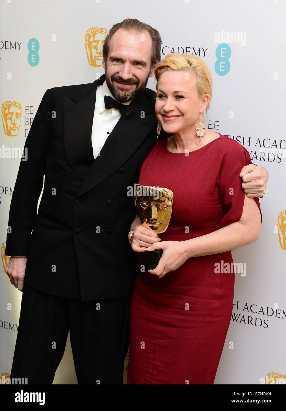 Ralph Fiennes and Patricia Arquette attends the after show party for the EE British Academy Film Awards at the Grosvenor House Hotel in central London. Stock Photo