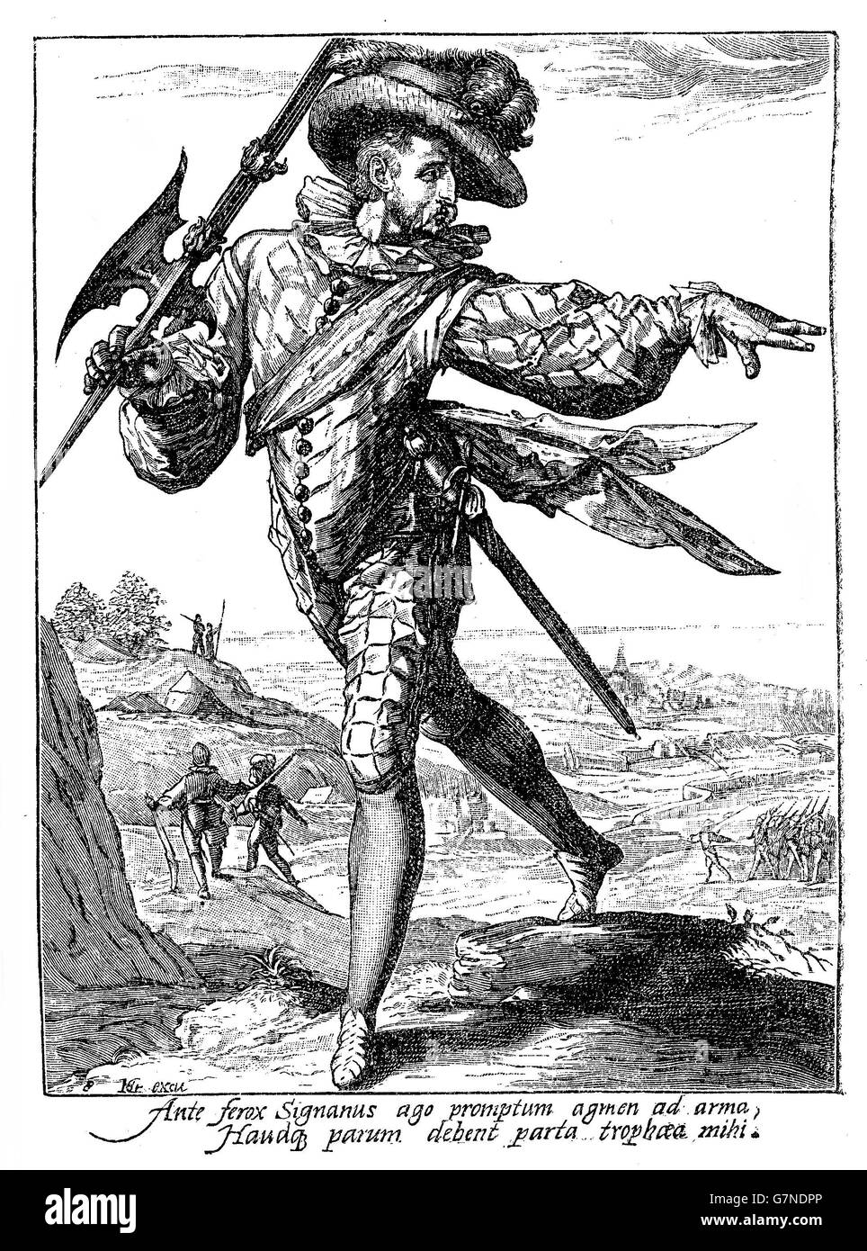 1600, illustration depicting a guard with spear and sword of Rudolf II of Habsburg, Holy Roman Emperor, King of Bohemia and Archduke of Austria Stock Photo
