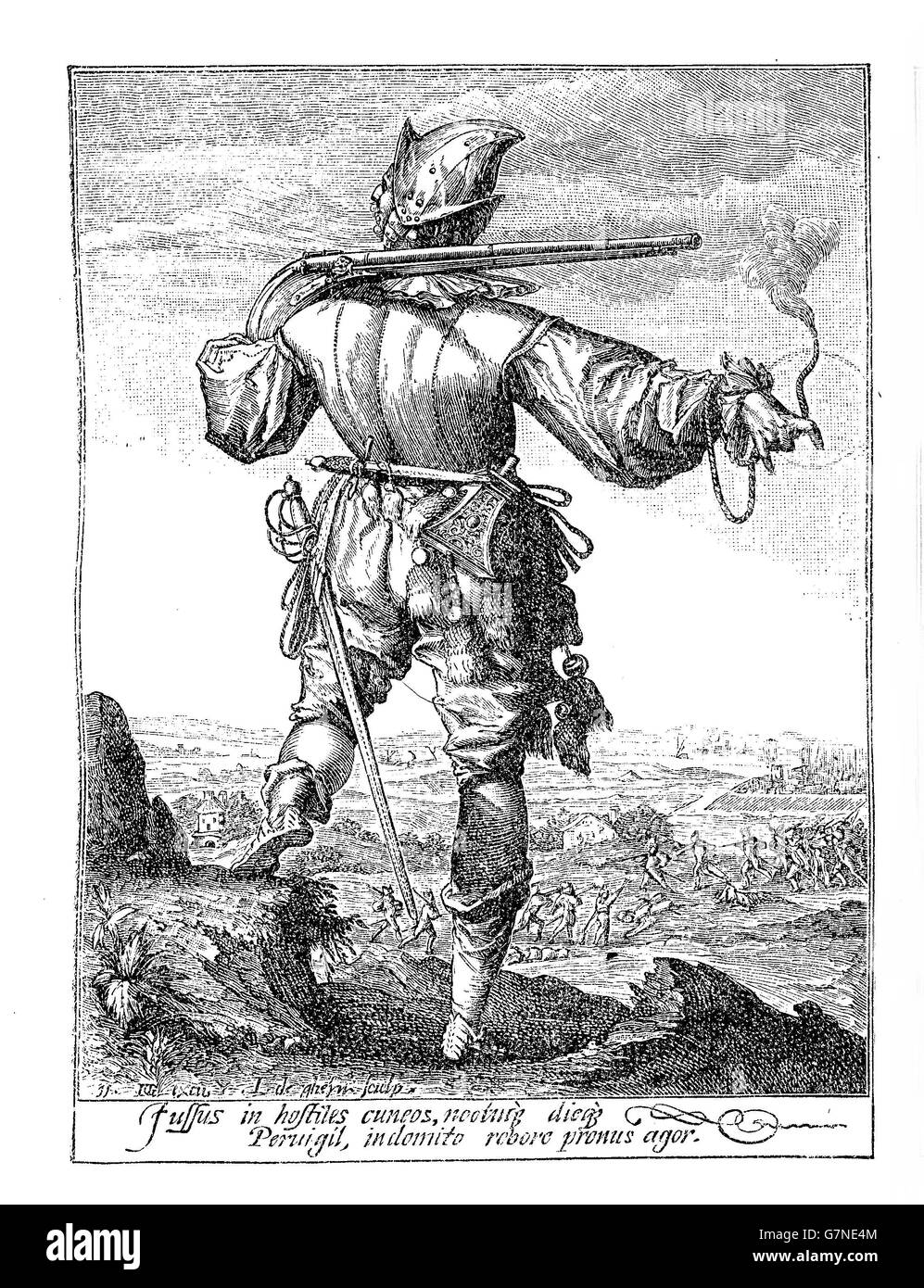 1600, illustration depicting a guard with helm, armor, spear, sword and archebus of Rudolf II of Habsburg, Holy Roman Emperor, King of Bohemia and Archduke of Austria Stock Photo