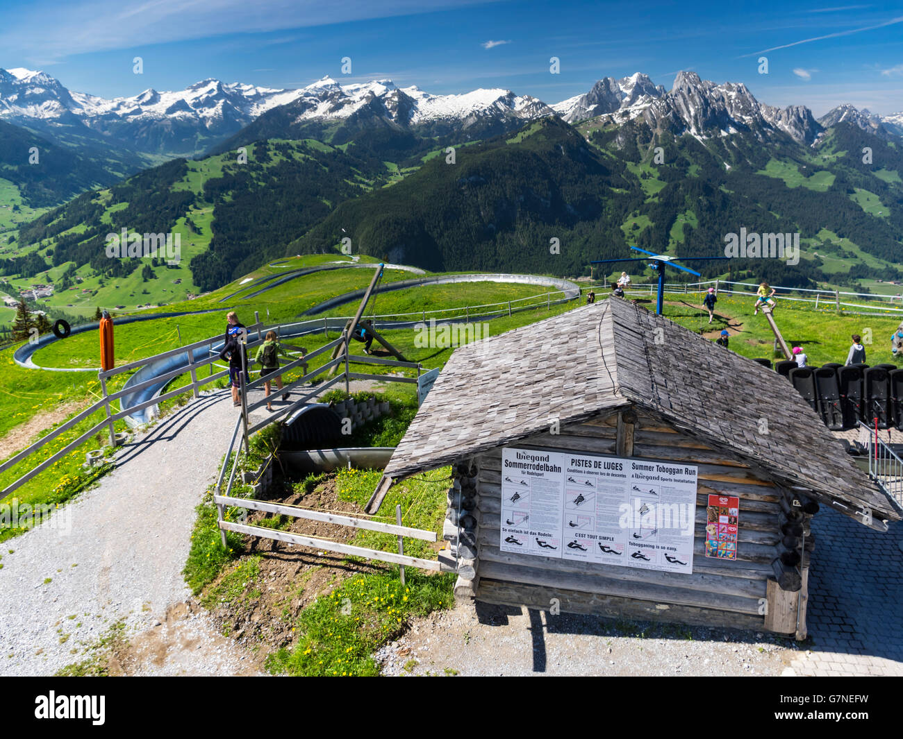 Mountain coaster run on Rellerli mountain, close to Gstaad, Switzerland. Stock Photo