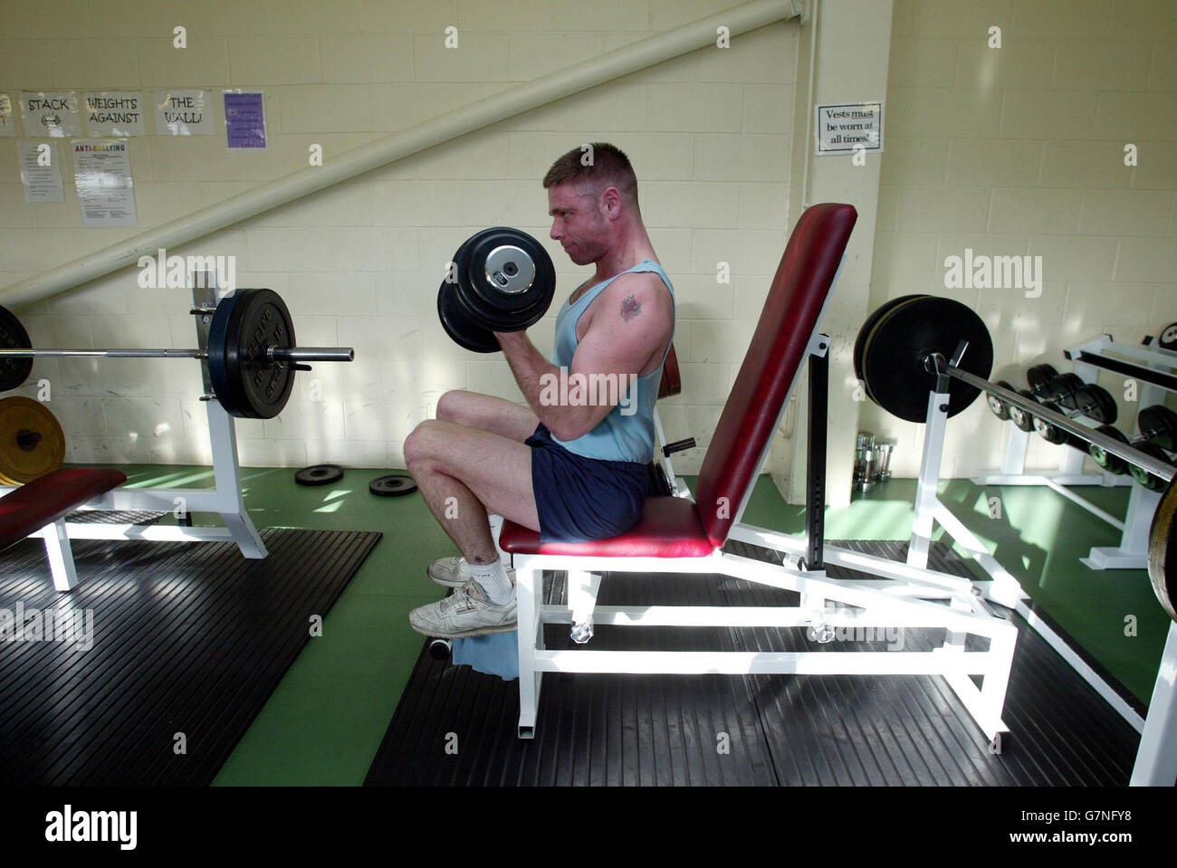 Cheif Inspector of Prisons Report - HM Prison Chelmsford. Inmate Matt West uses the gym. Stock Photo