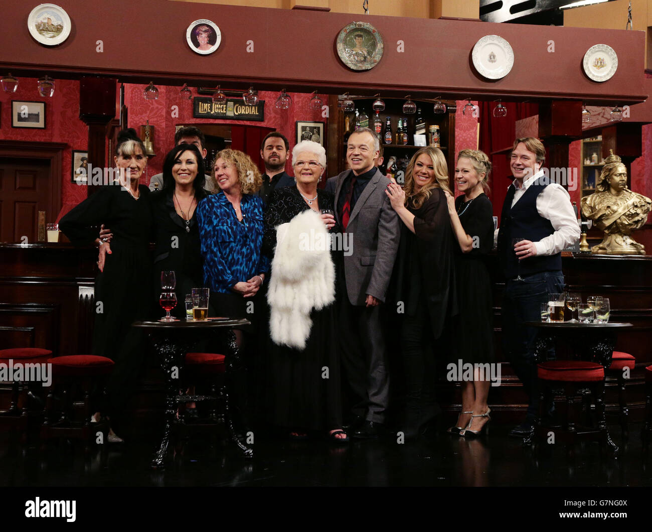 (Left-right) June Brown, Jessie Wallace, John Altman, Jane Slaughter, Danny Dyer, Pam St Clement, Graham Norton, Letitia Dean, Kellie Bright and Adam Woodyatt during filming of a special episode of the Graham Norton Show to celebrate 30 years of EastEnders, at the London Studios, south London, which will be aired on Monday 16th February. Stock Photo