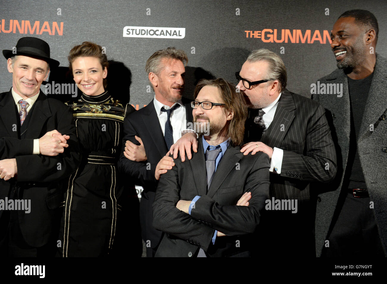 (left to right) Mark Rylance, Jasmine Trinca, Sean Penn, Pierre Morel, Ray Winstone and Idris Elba attend the World Premiere of The Gunman at the BFI South Bank, London. PRESS ASSOCIATION Photo. Picture date: Monday February 16, 2015.Photo credit should read: Anthony Devlin/PA Wire Stock Photo