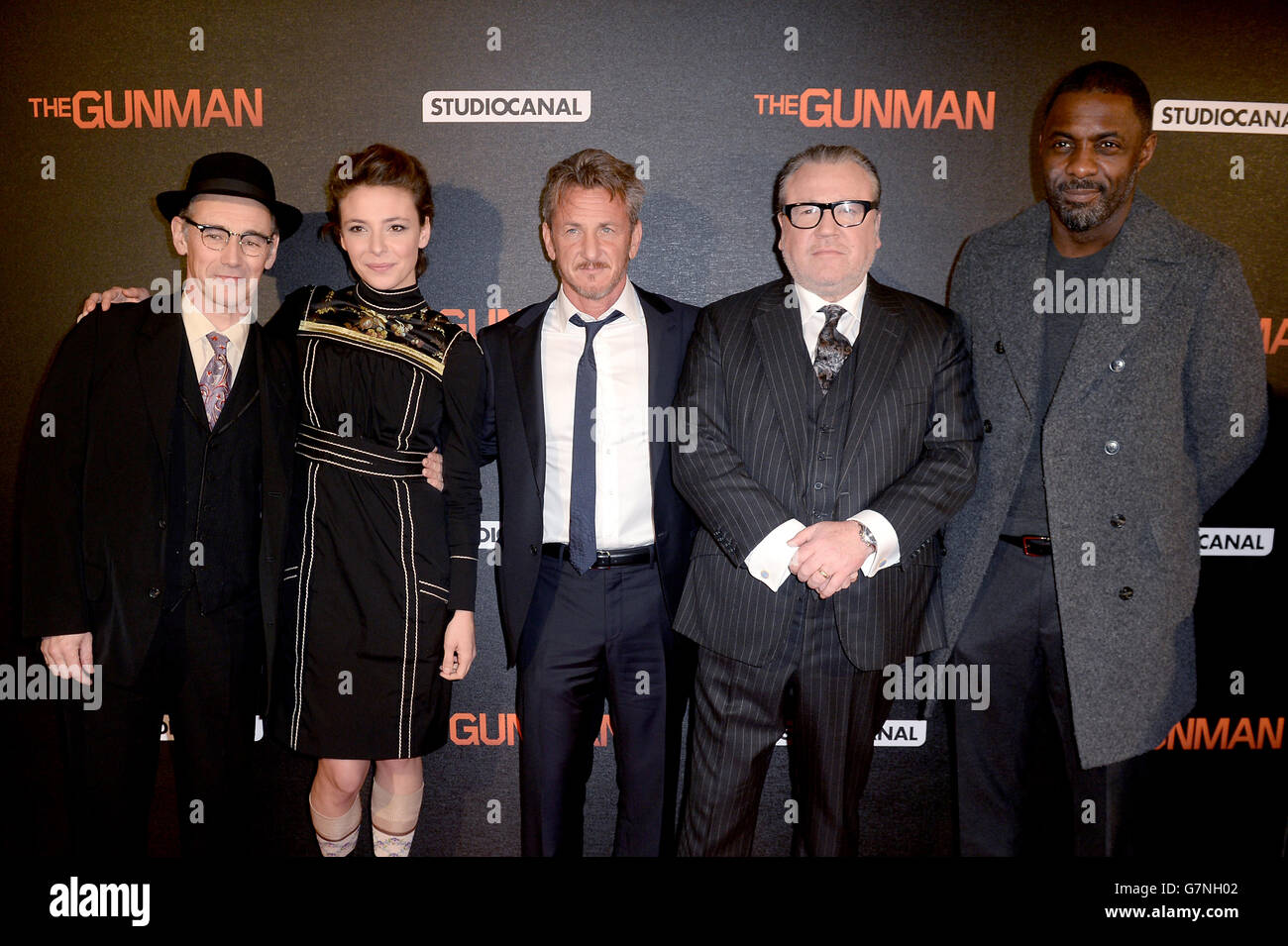 (left to right) Mark Rylance, Jasmine Trinca, Sean Penn, Ray Winstone and Idris Elba attend the World Premiere of The Gunman at the BFI South Bank, London. PRESS ASSOCIATION Photo. Picture date: Monday February 16, 2015.Photo credit should read: Anthony Devlin/PA Wire Stock Photo