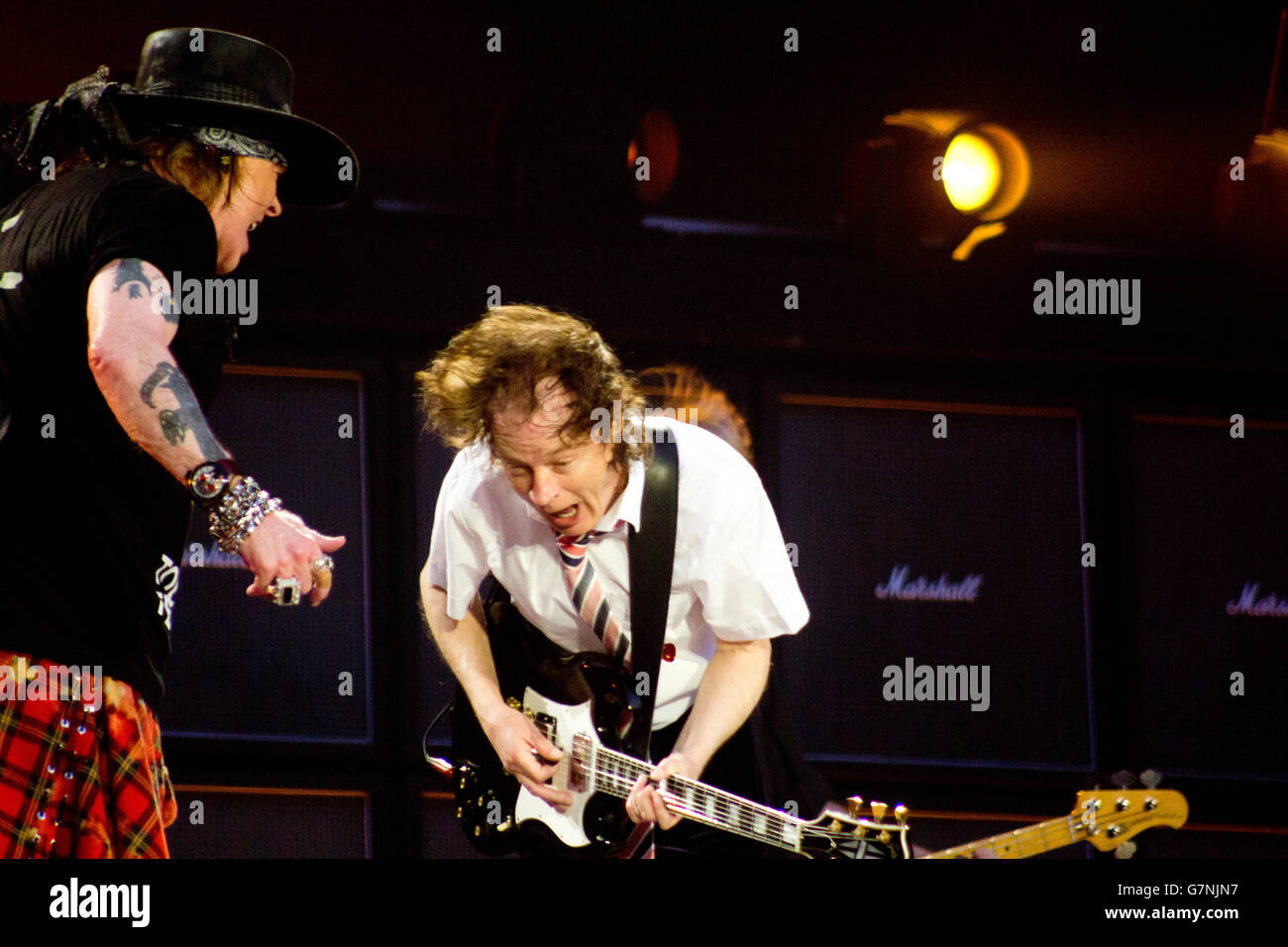 LONDON, ENGLAND - JUNE 04 2016 Axl Rose and Angus Young of AC/DC perform at Queen Elizabeth Olympic Park on June 5, 2016 in London, England.  Credit: Glamourstock Stock Photo