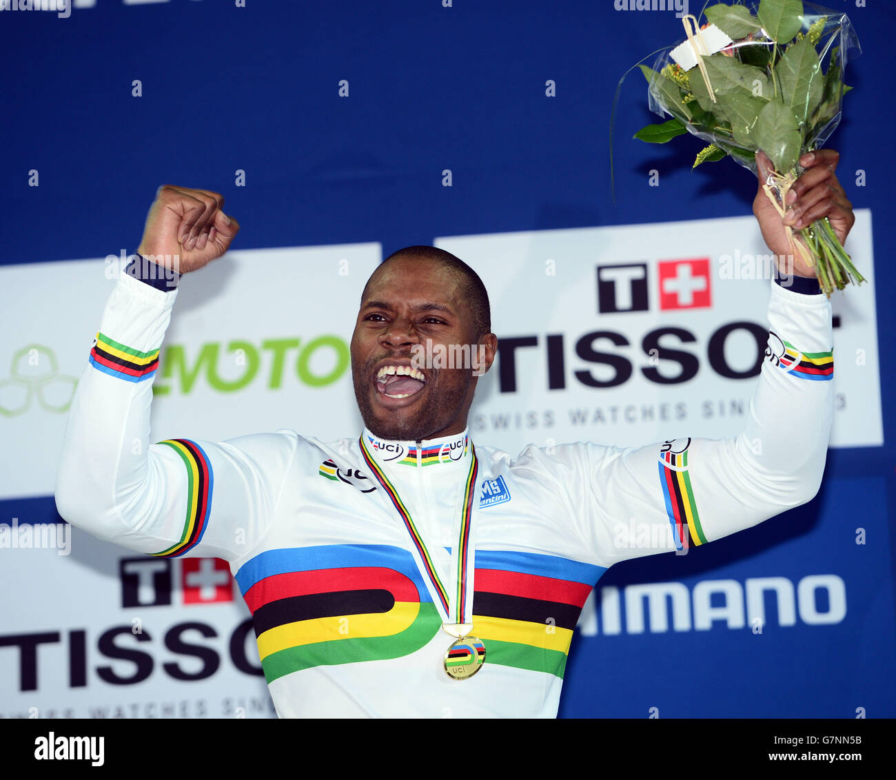 France's Gregory Bauge celebrates his win in the Men's Sprint Final during day five of the UCI Track Cycling World Championships at the Velodrome National, Saint-Quentin-en-Yvelines, France. Stock Photo